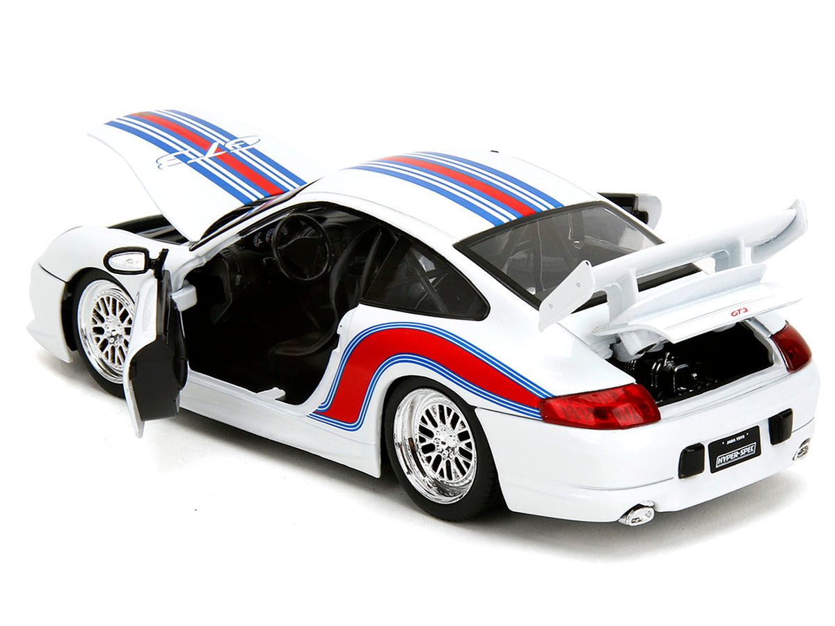 Porsche 911 GT3 (996) White with Red and Blue Stripes "Hyper-Spec" Series 1/24 Diecast Model Car