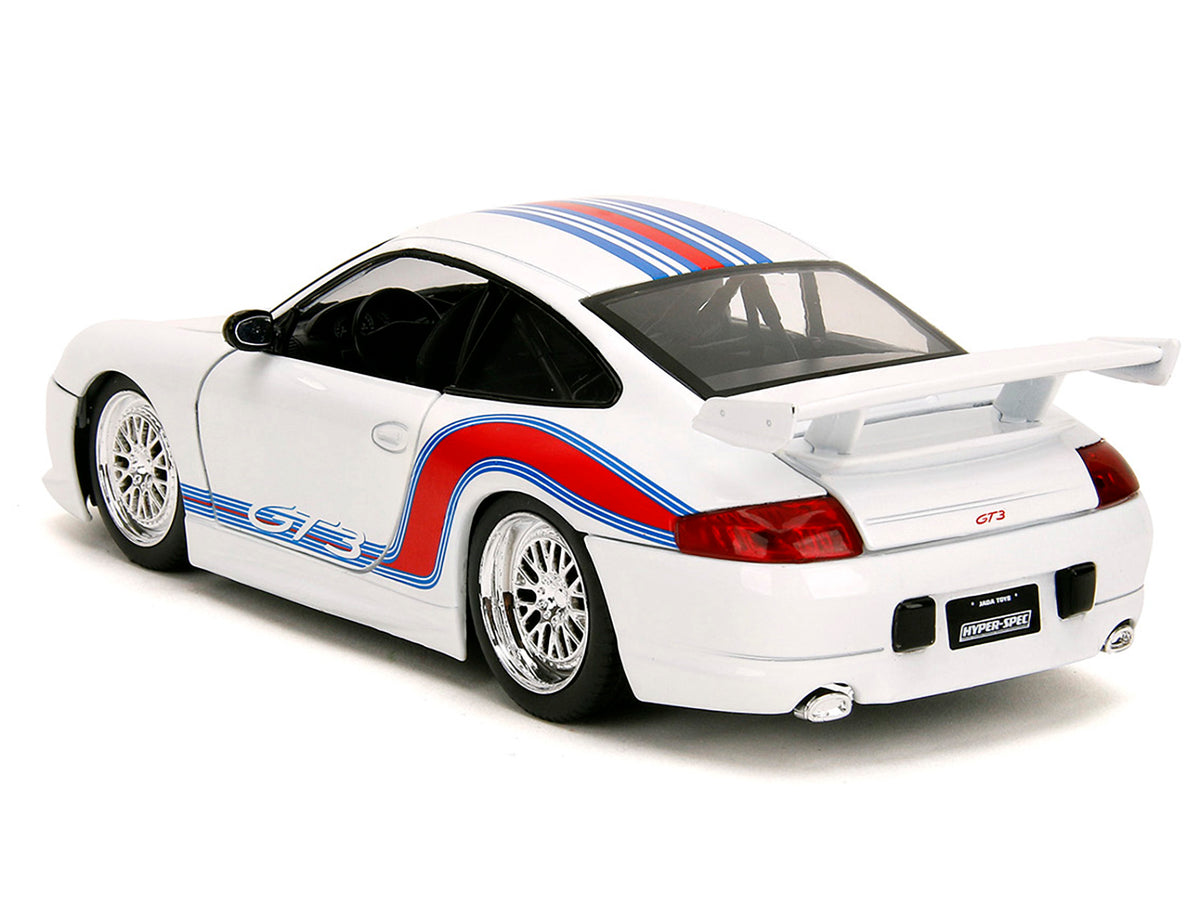 Porsche 911 GT3 (996) White with Red and Blue Stripes "Hyper-Spec" Series 1/24 Diecast Model Car