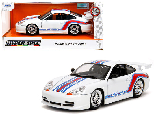 Porsche 911 GT3 (996) White with Red and Blue Stripes "Hyper-Spec" Series 1/24 Diecast Model Car