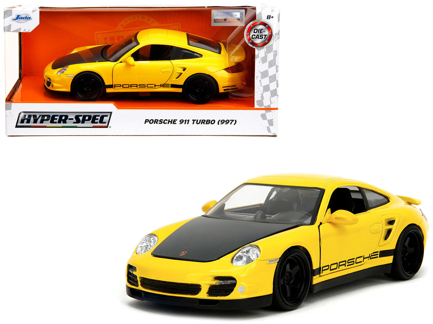 Porsche 911 Turbo (997) Yellow with Carbon Hood "Hyper-Spec" Series 1/24 Diecast Model Car
