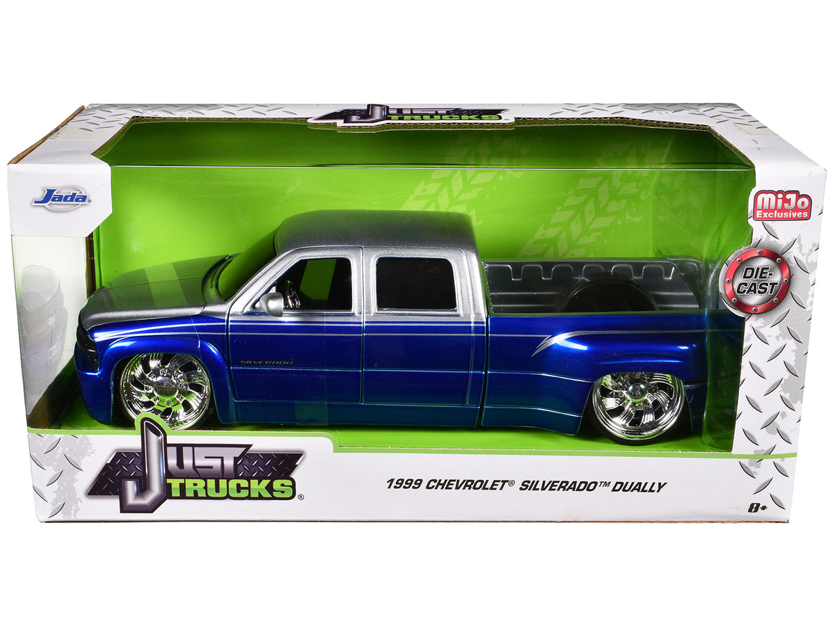 1999 Chevrolet Silverado Dually Pickup Truck Blue Metallic and Silver with Custom KMC Wheels "Just Trucks" Series 1/24 Diecast Model Car