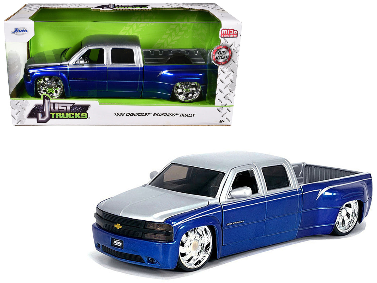 1999 Chevrolet Silverado Dually Pickup Truck Blue Metallic and Silver with Custom KMC Wheels "Just Trucks" Series 1/24 Diecast Model Car