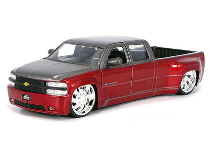 1999 Chevrolet Silverado Dually Pickup Truck Red Metallic and Gray with Custom KMC Wheels "Just Trucks" Series 1/24 Diecast Model Car