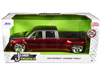 1999 Chevrolet Silverado Dually Pickup Truck Red Metallic and Gray with Custom KMC Wheels "Just Trucks" Series 1/24 Diecast Model Car