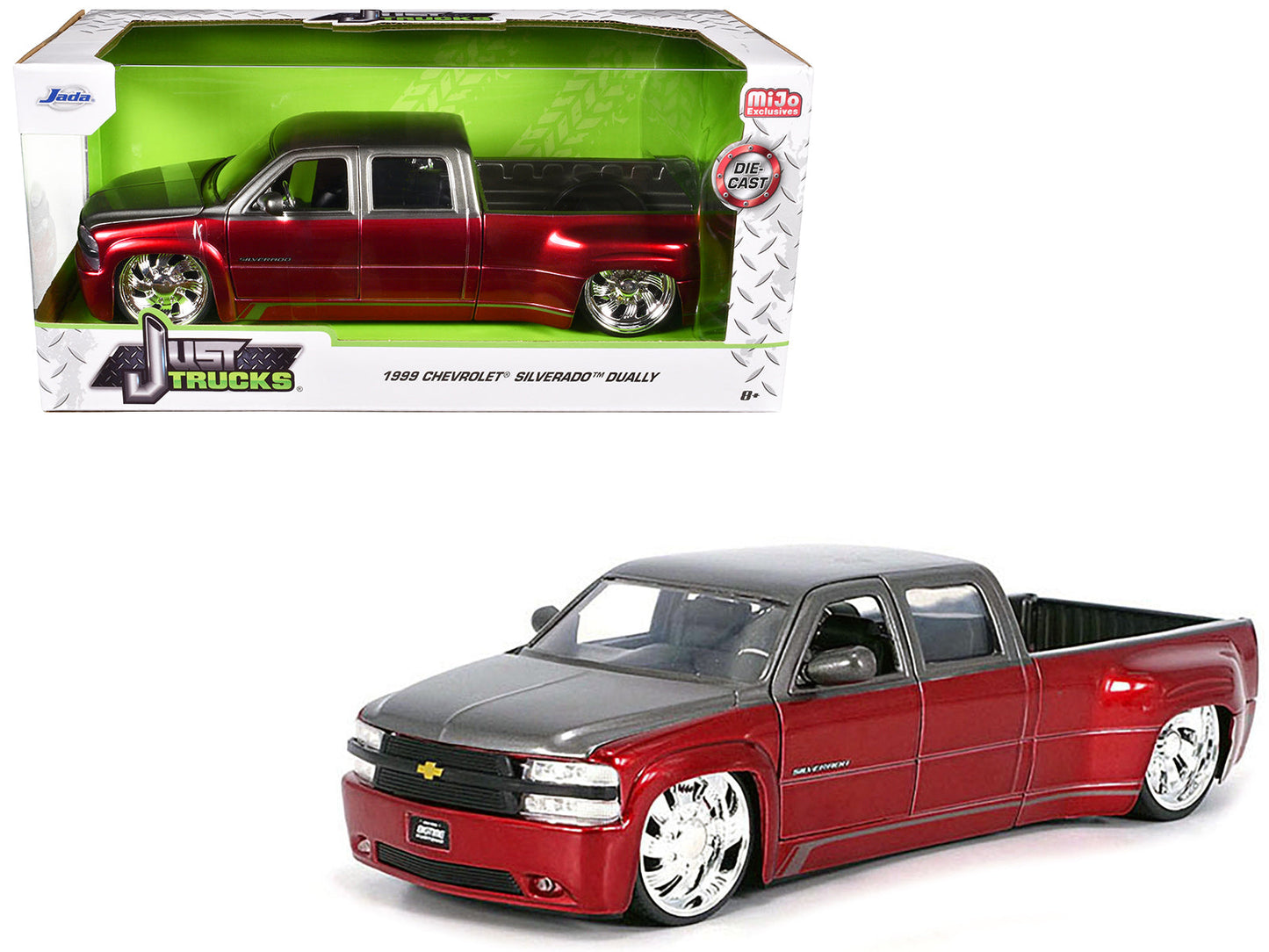 1999 Chevrolet Silverado Dually Pickup Truck Red Metallic and Gray with Custom KMC Wheels "Just Trucks" Series 1/24 Diecast Model Car