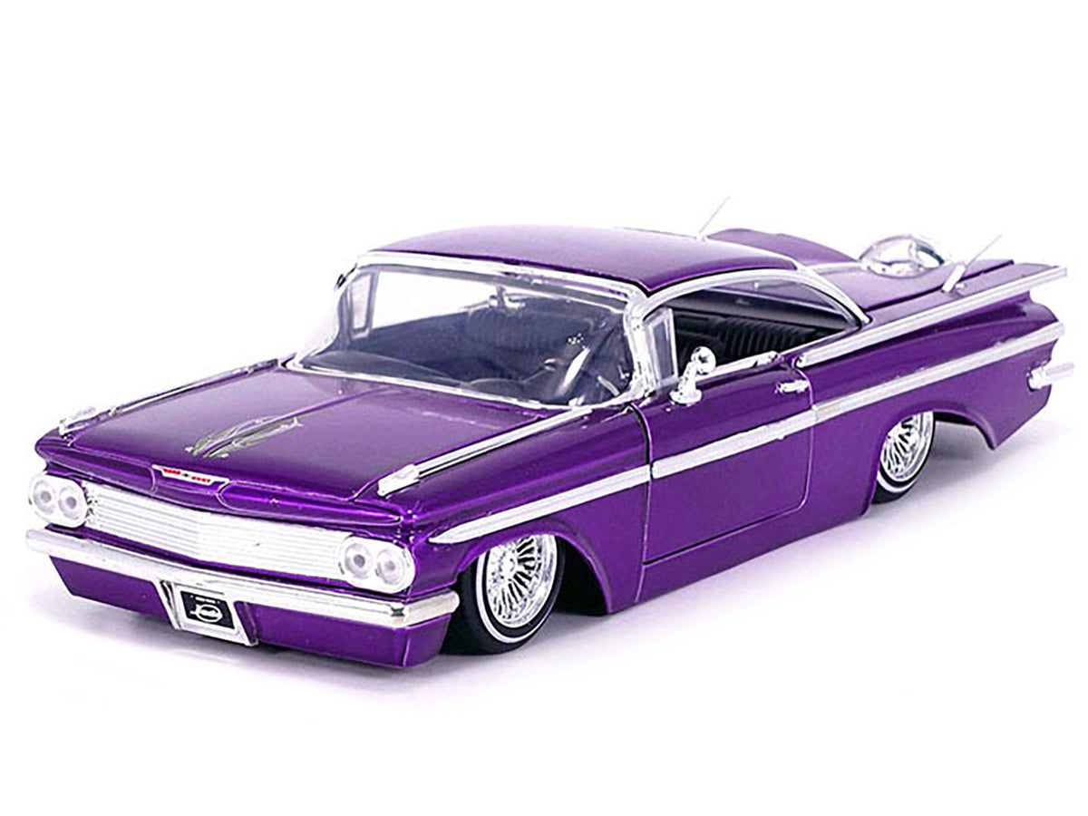 1959 Chevrolet Impala Lowrider Candy Purple with Wire Wheels "Street Low" Series 1/24 Diecast Model Car
