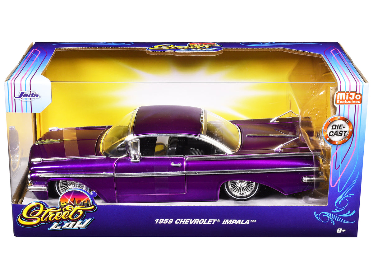 1959 Chevrolet Impala Lowrider Candy Purple with Wire Wheels "Street Low" Series 1/24 Diecast Model Car