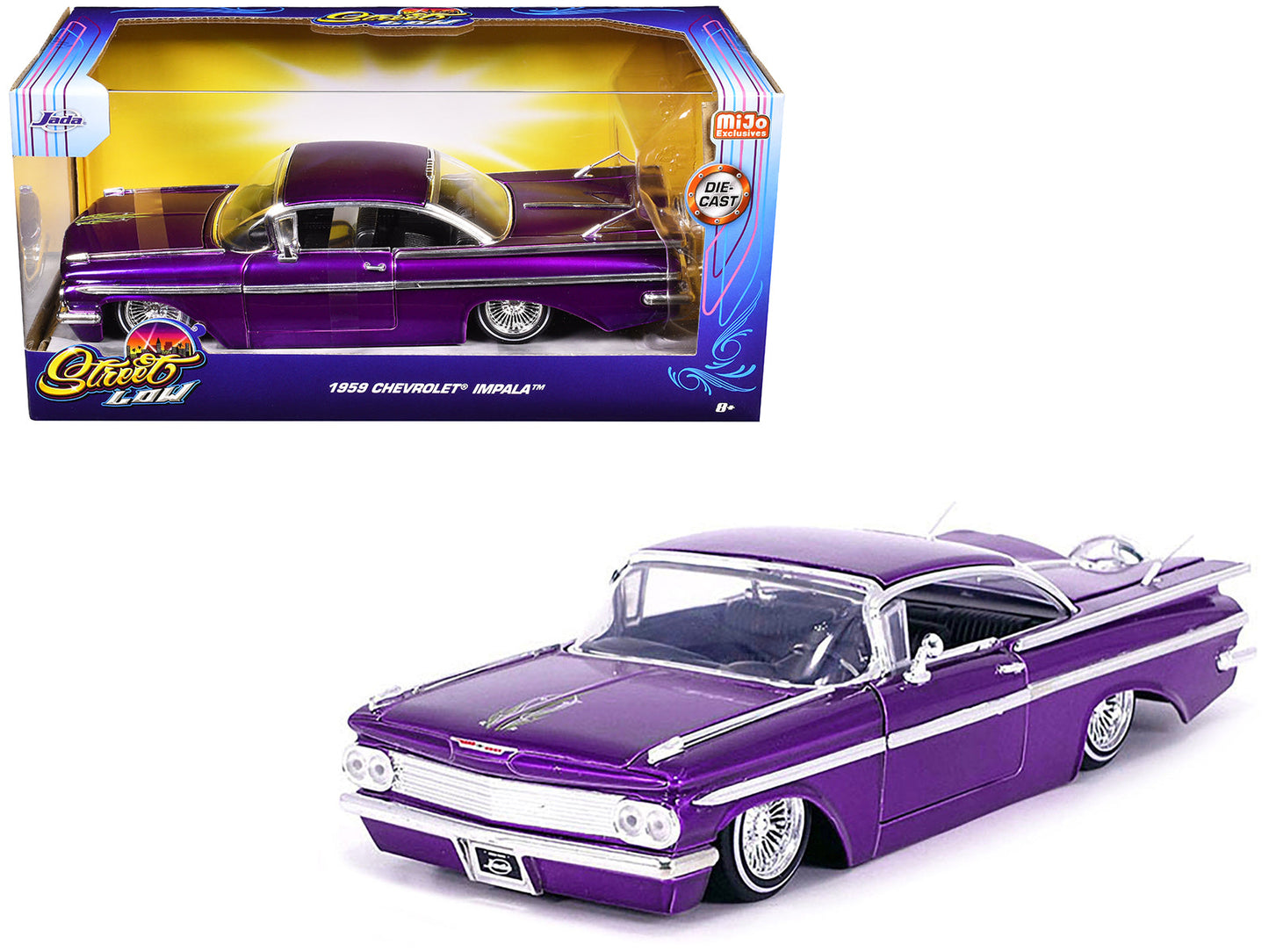 1959 Chevrolet Impala Lowrider Candy Purple with Wire Wheels "Street Low" Series 1/24 Diecast Model Car