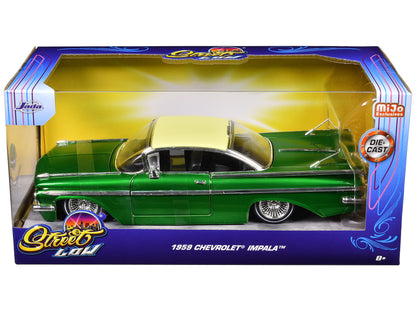 1959 Chevrolet Impala Lowrider Green Metallic with Cream Top and Wire Wheels "Street Low" Series 1/24 Diecast Model Car