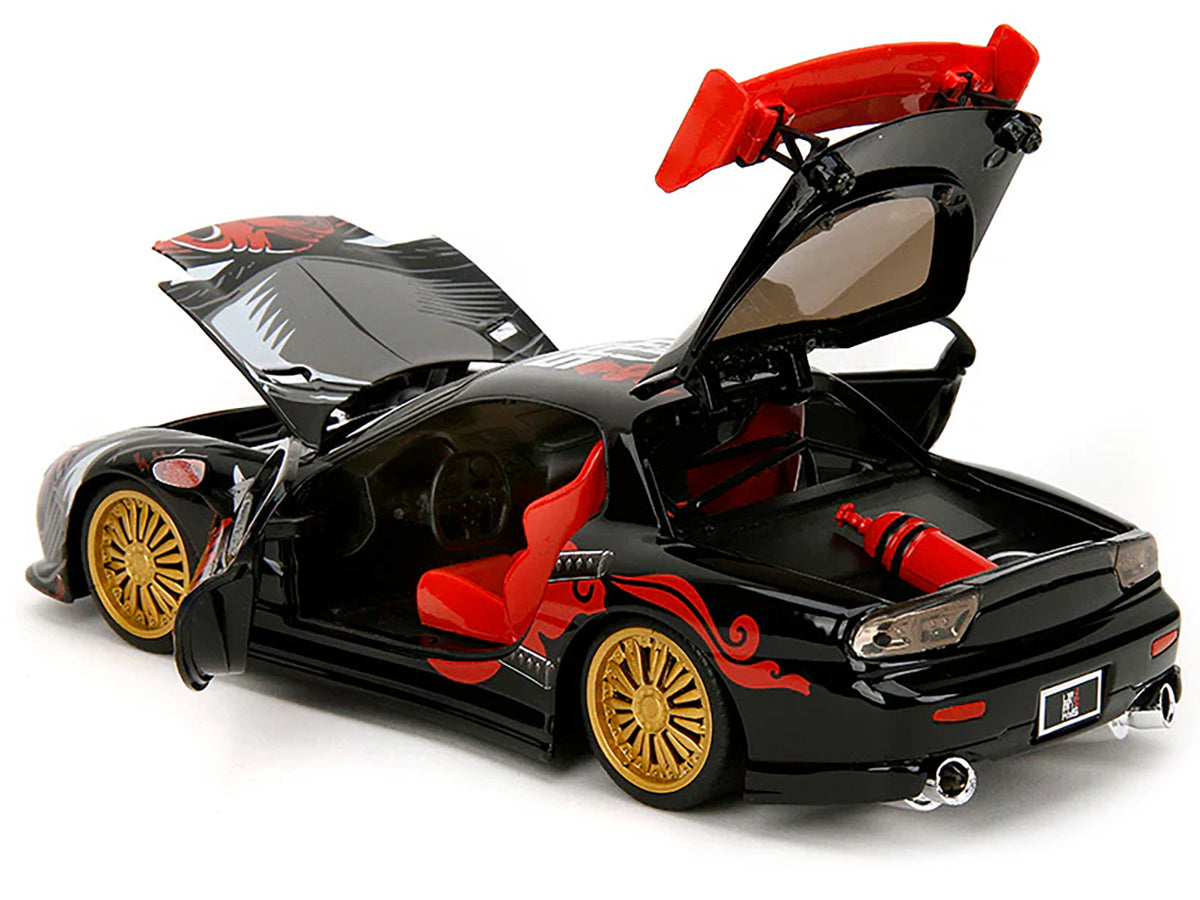 1993 Mazda RX-7 Black with Graphics "Lab Monkeys" with Saru Diecast Figure "Hollywood Rides" Series 1/24 Diecast Model Car
