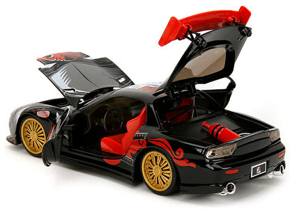 1993 Mazda RX-7 Black with Graphics "Lab Monkeys" with Saru Diecast Figure "Hollywood Rides" Series 1/24 Diecast Model Car