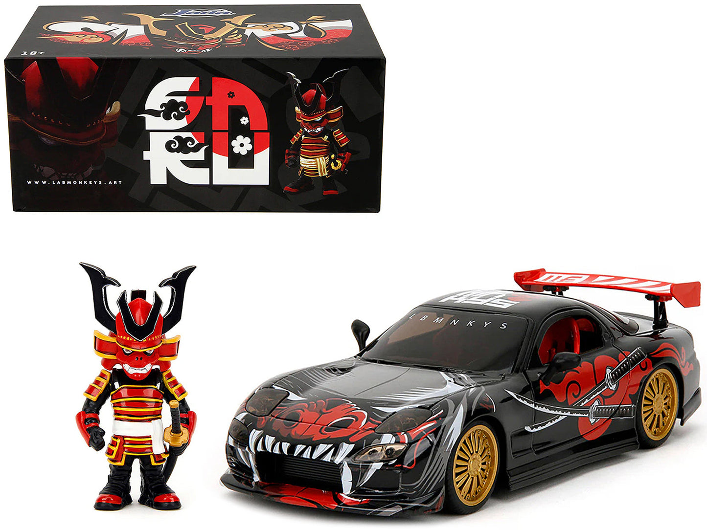 1993 Mazda RX-7 Black with Graphics "Lab Monkeys" with Saru Diecast Figure "Hollywood Rides" Series 1/24 Diecast Model Car