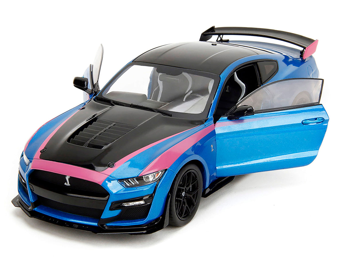 Ford Mustang Shelby GT500 Blue Metallic with Pink Stripes and Black Hood and Top "Pink Slips" Series 1/18 Diecast Model Car
