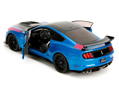 Ford Mustang Shelby GT500 Blue Metallic with Pink Stripes and Black Hood and Top "Pink Slips" Series 1/18 Diecast Model Car