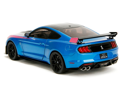 Ford Mustang Shelby GT500 Blue Metallic with Pink Stripes and Black Hood and Top "Pink Slips" Series 1/18 Diecast Model Car