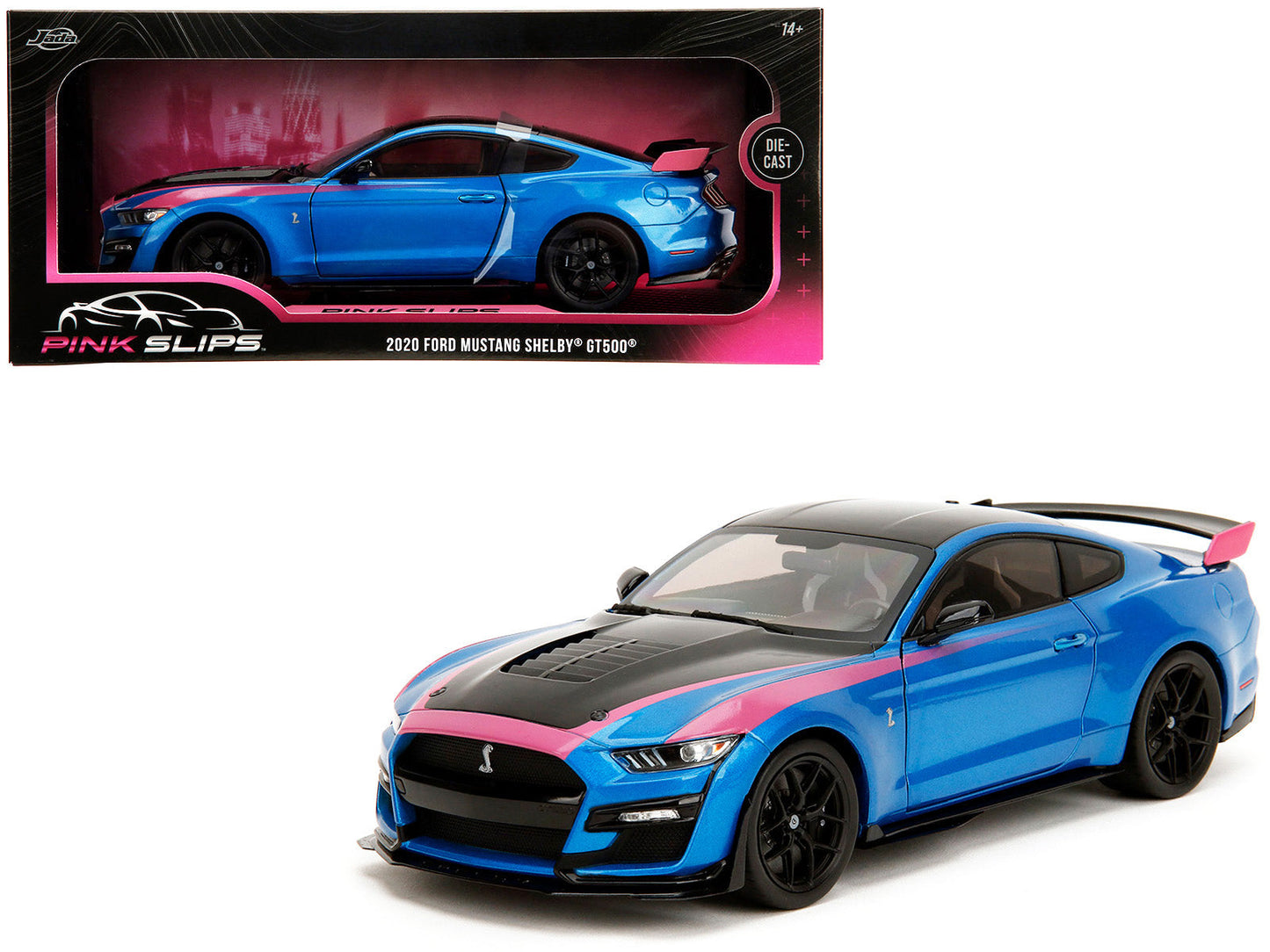 Ford Mustang Shelby GT500 Blue Metallic with Pink Stripes and Black Hood and Top "Pink Slips" Series 1/18 Diecast Model Car