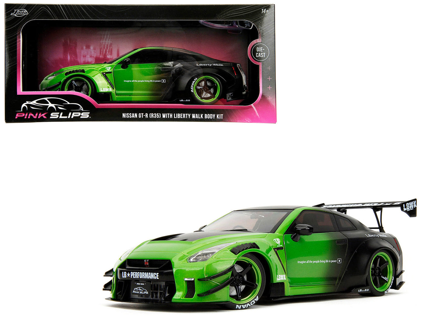 Nissan GT-R (R35) Liberty Walk Body Kit 2.0 RHD (Right Hand Drive) Green and Matt Black "Pink Slips" Series 1/18 Diecast Model Car