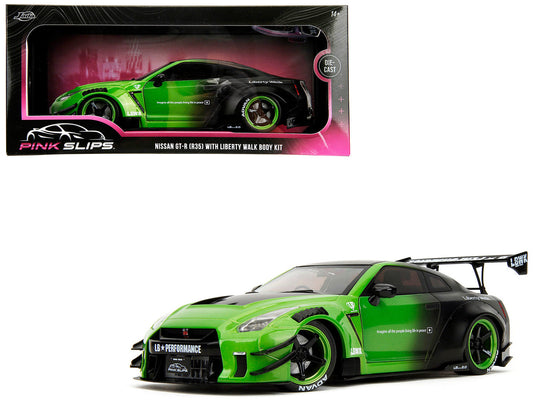 Nissan GT-R (R35) Liberty Walk Body Kit 2.0 RHD (Right Hand Drive) Green and Matt Black "Pink Slips" Series 1/18 Diecast Model Car