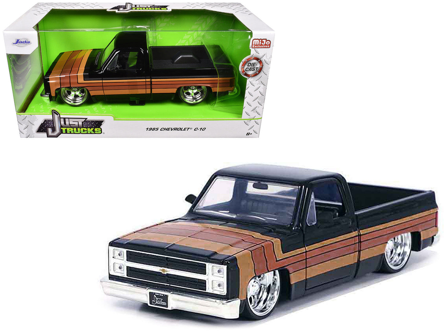 1985 Chevrolet C-10 Pickup Truck Black with Stripes and Paradox Wheels "Just Trucks" Series 1/24 Diecast Model Car