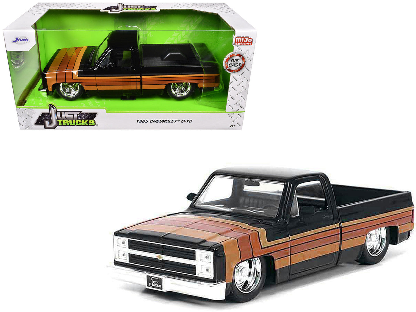1985 Chevrolet C-10 Pickup Truck Black with Stripes and GM Rally Wheels "Just Trucks" Series 1/24 Diecast Model Car