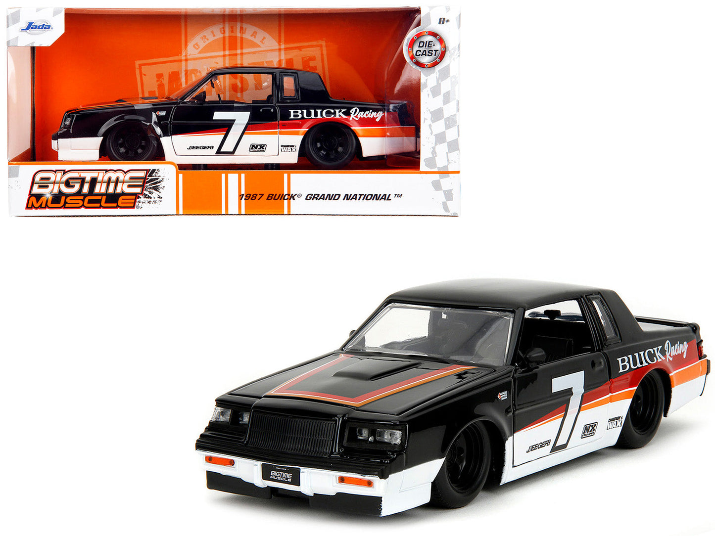 1987 Buick Grand National #7 "Buick Racing" Black and White with Stripes "Bigtime Muscle" Series 1/24 Diecast Model Car