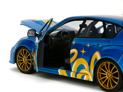 2012 Subaru Impreza WRX STI Blue Metallic with Graphics and Sonic The Hedgehog Diecast Figure "Sonic The Hedgehog" "Hollywood Rides" Series 1/24 Diecast Model Car
