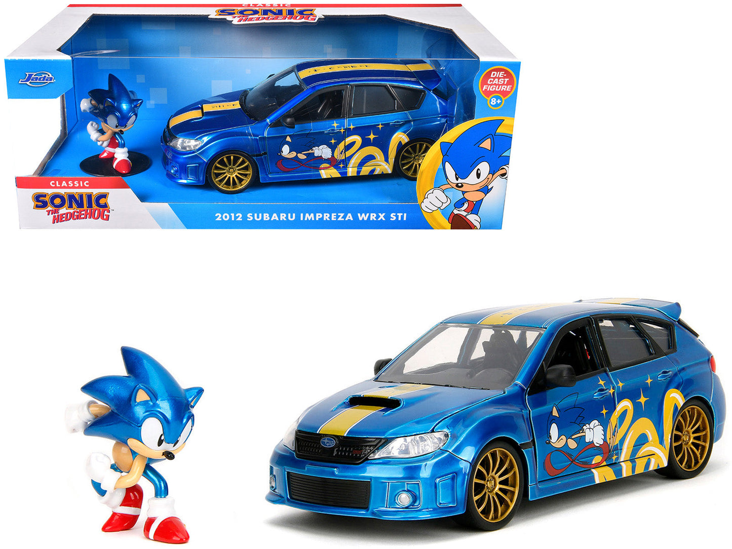 2012 Subaru Impreza WRX STI Blue Metallic with Graphics and Sonic The Hedgehog Diecast Figure "Sonic The Hedgehog" "Hollywood Rides" Series 1/24 Diecast Model Car
