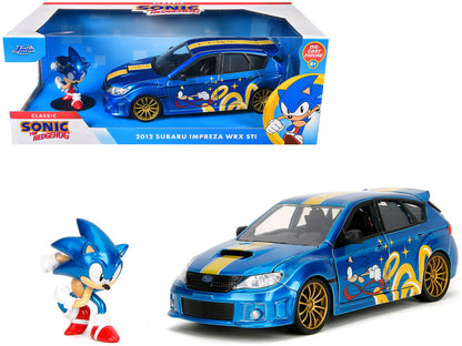 2012 Subaru Impreza WRX STI Blue Metallic with Graphics and Sonic The Hedgehog Diecast Figure "Sonic The Hedgehog" "Hollywood Rides" Series 1/24 Diecast Model Car