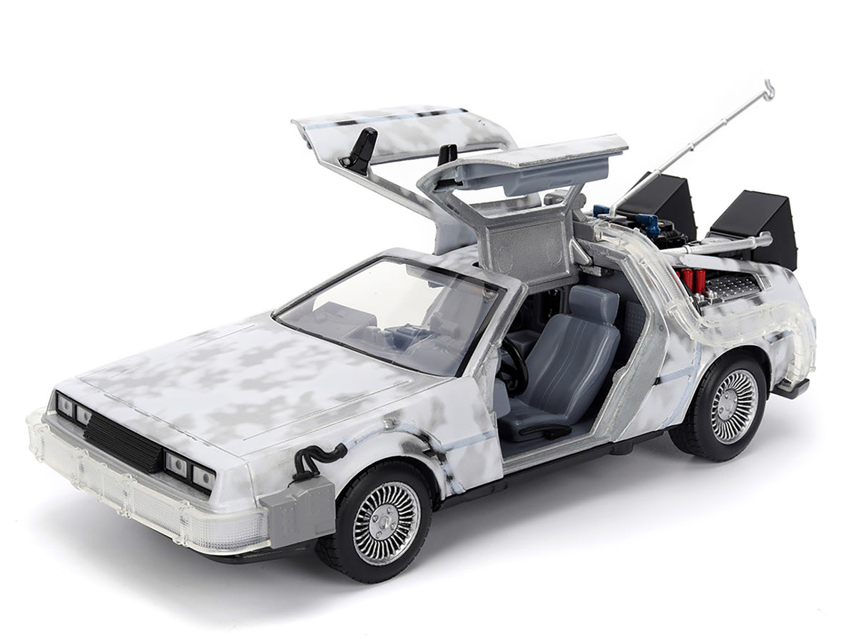 DMC DeLorean Time Machine Brushed Metal (Frost Version) with Lights "Back to the Future" (1985) Movie "Hollywood Rides" Series 1/24 Diecast Model Car