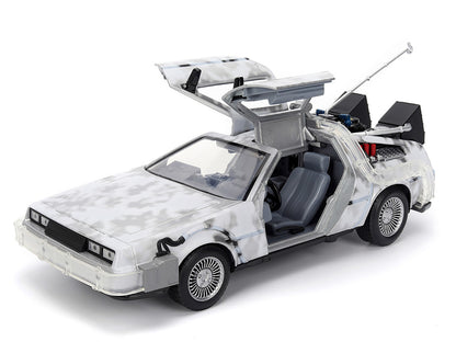 DMC DeLorean Time Machine Brushed Metal (Frost Version) with Lights "Back to the Future" (1985) Movie "Hollywood Rides" Series 1/24 Diecast Model Car