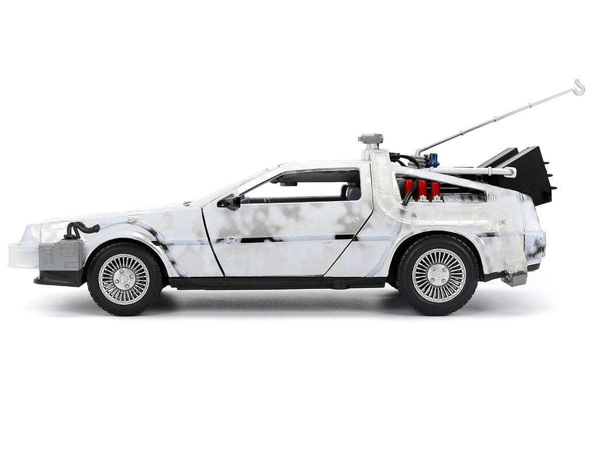 DMC DeLorean Time Machine Brushed Metal (Frost Version) with Lights "Back to the Future" (1985) Movie "Hollywood Rides" Series 1/24 Diecast Model Car
