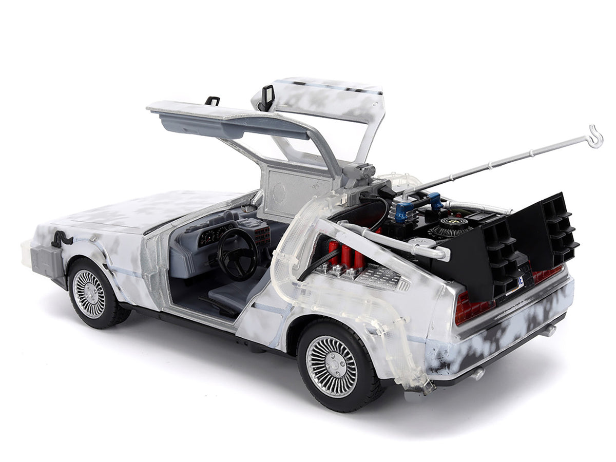 DMC DeLorean Time Machine Brushed Metal (Frost Version) with Lights "Back to the Future" (1985) Movie "Hollywood Rides" Series 1/24 Diecast Model Car