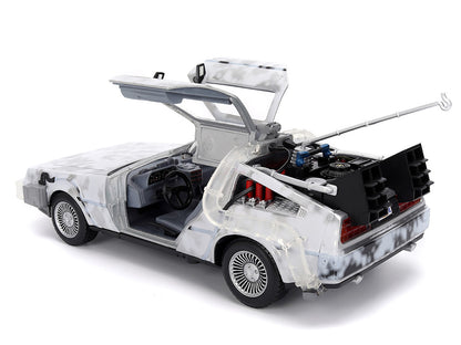 DMC DeLorean Time Machine Brushed Metal (Frost Version) with Lights "Back to the Future" (1985) Movie "Hollywood Rides" Series 1/24 Diecast Model Car