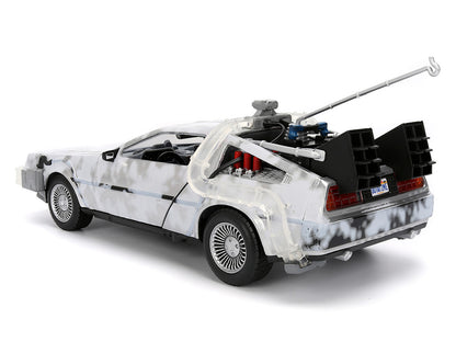 DMC DeLorean Time Machine Brushed Metal (Frost Version) with Lights "Back to the Future" (1985) Movie "Hollywood Rides" Series 1/24 Diecast Model Car