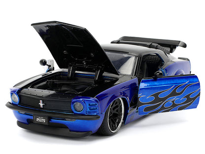 1970 Ford Mustang Boss 429 Black and Blue Metallic with Flames "Bigtime Muscle" Series 1/24 Diecast Model Car