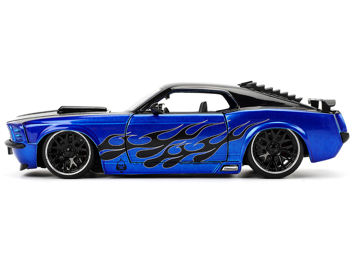 1970 Ford Mustang Boss 429 Black and Blue Metallic with Flames "Bigtime Muscle" Series 1/24 Diecast Model Car
