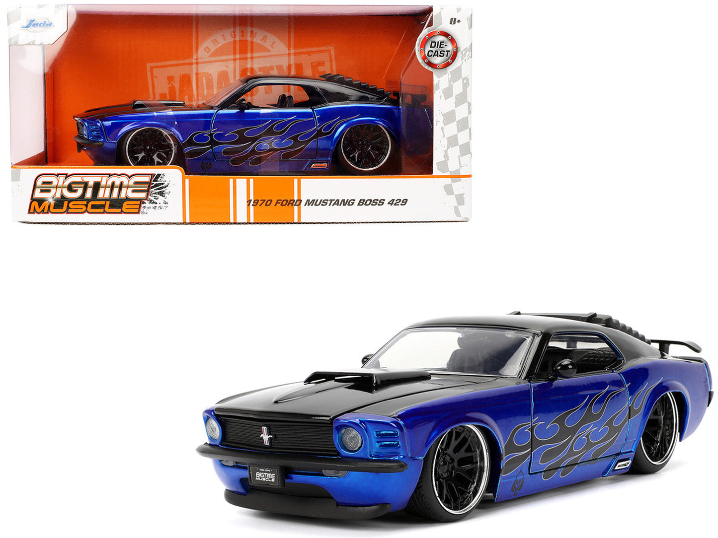 1970 Ford Mustang Boss 429 Black and Blue Metallic with Flames "Bigtime Muscle" Series 1/24 Diecast Model Car