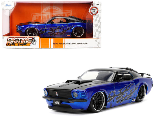 1970 Ford Mustang Boss 429 Black and Blue Metallic with Flames "Bigtime Muscle" Series 1/24 Diecast Model Car