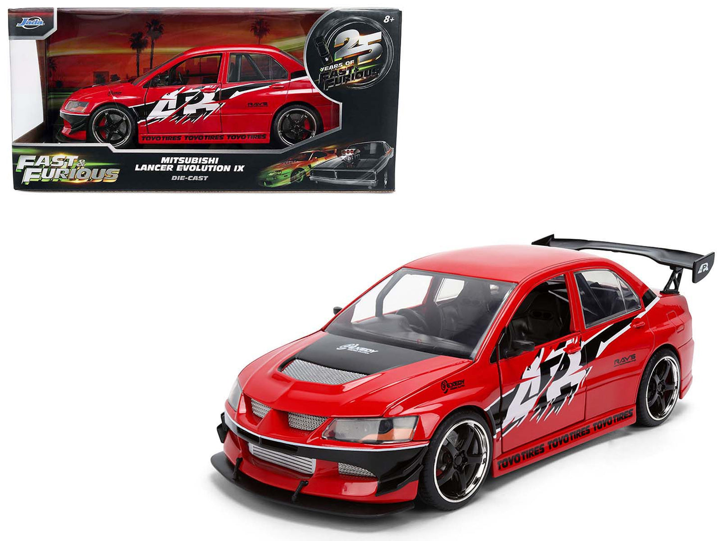Sean's Mitsubishi Lancer Evolution IX RHD (Right Hand Drive) Red with Graphics "The Fast and the Furious: Tokyo Drift" (2006) Movie "Fast & Furious 25 Years" Series 1/24 Diecast Model Car