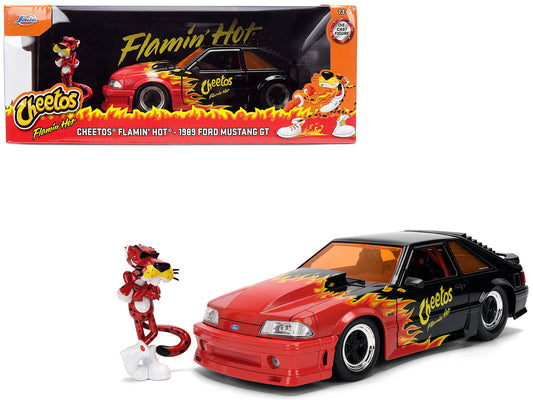 1989 Ford Mustang GT Black with Red Flame Graphics and Chester Cheetah Diecast Figure "Cheetos Flamin' Hot" "Hollywood Rides" Series 1/24 Diecast Model Car