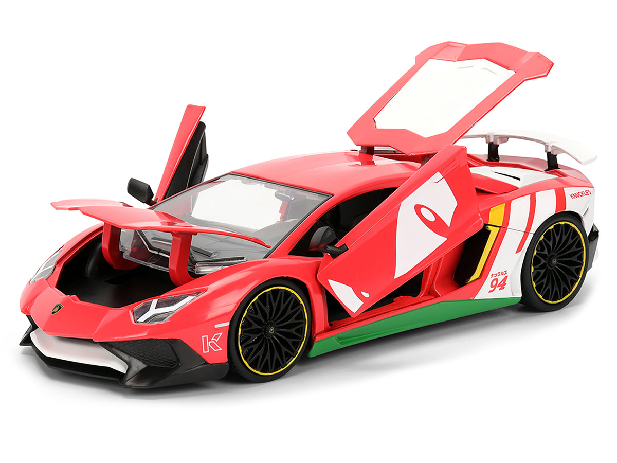 Lamborghini Aventador SV Red with Graphics and Knuckles Diecast Figure "Sonic The Hedgehog" Franchise "Hollywood Rides" Series 1/24 Diecast Model