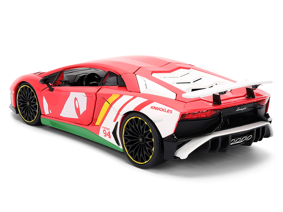 Lamborghini Aventador SV Red with Graphics and Knuckles Diecast Figure "Sonic The Hedgehog" Franchise "Hollywood Rides" Series 1/24 Diecast Model