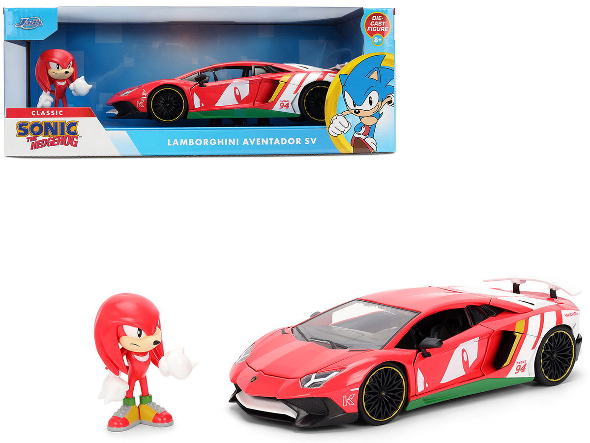 Lamborghini Aventador SV Red with Graphics and Knuckles Diecast Figure "Sonic The Hedgehog" Franchise "Hollywood Rides" Series 1/24 Diecast Model