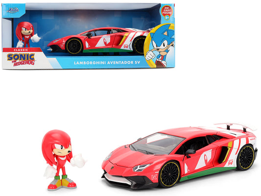 Lamborghini Aventador SV Red with Graphics and Knuckles Diecast Figure "Sonic The Hedgehog" Franchise "Hollywood Rides" Series 1/24 Diecast Model