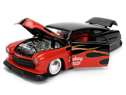 1951 Mercury Coupe Black with Flame Graphics and Red Interior and Mickey Mouse Diecast Figure "Disney's Mickey Mouse" "Hollywood Rides" Series 1/24 Diecast Model Car