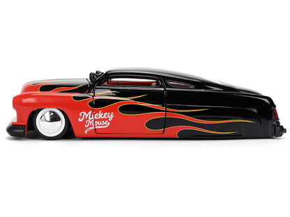 1951 Mercury Coupe Black with Flame Graphics and Red Interior and Mickey Mouse Diecast Figure "Disney's Mickey Mouse" "Hollywood Rides" Series 1/24 Diecast Model Car