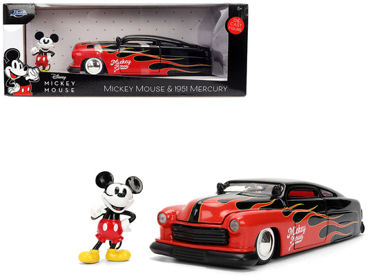 1951 Mercury Coupe Black with Flame Graphics and Red Interior and Mickey Mouse Diecast Figure "Disney's Mickey Mouse" "Hollywood Rides" Series 1/24 Diecast Model Car