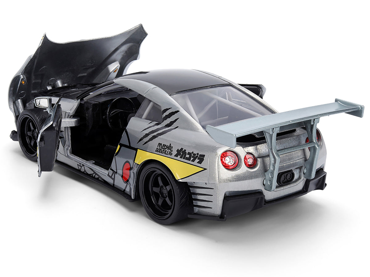 2009 Nissan GT-R (R35) Ben Sopra Brushed Metal with Black Top and Graphics and Mechagodzilla Diecast Figure "Godzilla" Franchise "Anime Hollywood Rides" Series 1/24 Diecast Model