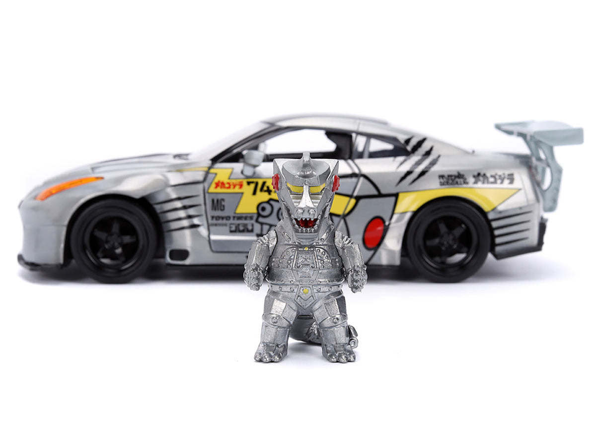 2009 Nissan GT-R (R35) Ben Sopra Brushed Metal with Black Top and Graphics and Mechagodzilla Diecast Figure "Godzilla" Franchise "Anime Hollywood Rides" Series 1/24 Diecast Model