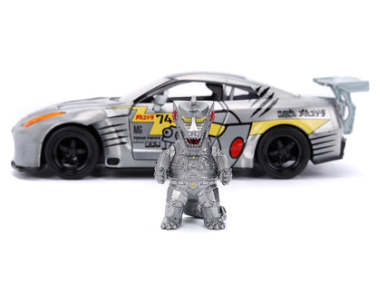 2009 Nissan GT-R (R35) Ben Sopra Brushed Metal with Black Top and Graphics and Mechagodzilla Diecast Figure "Godzilla" Franchise "Anime Hollywood Rides" Series 1/24 Diecast Model